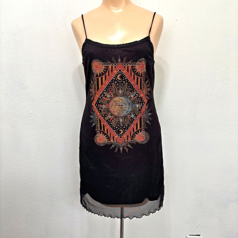 Womens Juniors Celestial Fairy Grunge Slip Dress Small Sun Moon Stars Indie